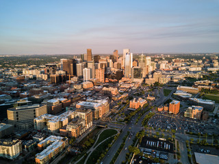 Naklejka na ściany i meble Aerial drone photo - City of Denver Colorado at Sunset