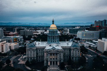 Aerial drone photo - Gold capped Colorado State Capital building located in Denver.