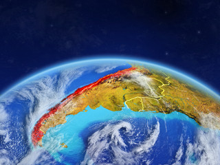 Chile on planet Earth with country borders and highly detailed planet surface and clouds.