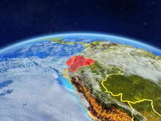 Fototapeta premium Ecuador on planet Earth with country borders and highly detailed planet surface and clouds.