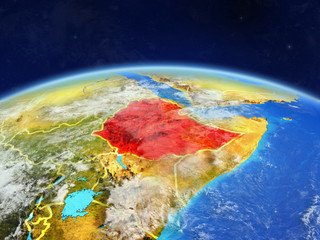 Ethiopia on planet Earth with country borders and highly detailed planet surface and clouds.