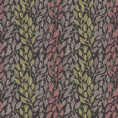 Abstract floral seamless pattern with colorful leaves and beautiful flowers in brown background