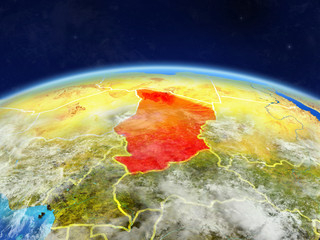 Chad on planet Earth with country borders and highly detailed planet surface and clouds.