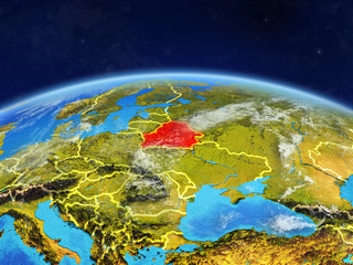 Belarus on planet Earth with country borders and highly detailed planet surface and clouds.