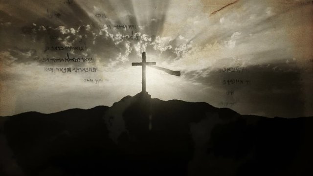 Calvary hill outside ancient Jerusalem where Jesus Christ was crucified. Ink transition animation effect with text of the old prophecy.
