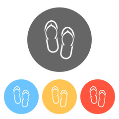 Beach slippers. Flip flops icon. Set of white icons on colored circles