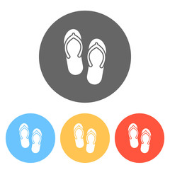 Beach slippers. Flip flops icon. Set of white icons on colored circles