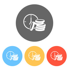 Time is money. Clock and coin stack. Finance icon. Set of white icons on colored circles