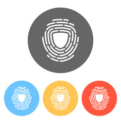 Shield in fingerprint. Logo of protect private id. Security icon. Set of white icons on colored circles