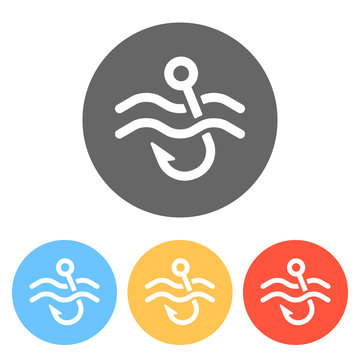 Fishing hook and water. Simple icon. Set of white icons on colored circles