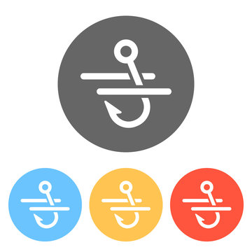 Fishing hook and water. Simple icon. Set of white icons on colored circles