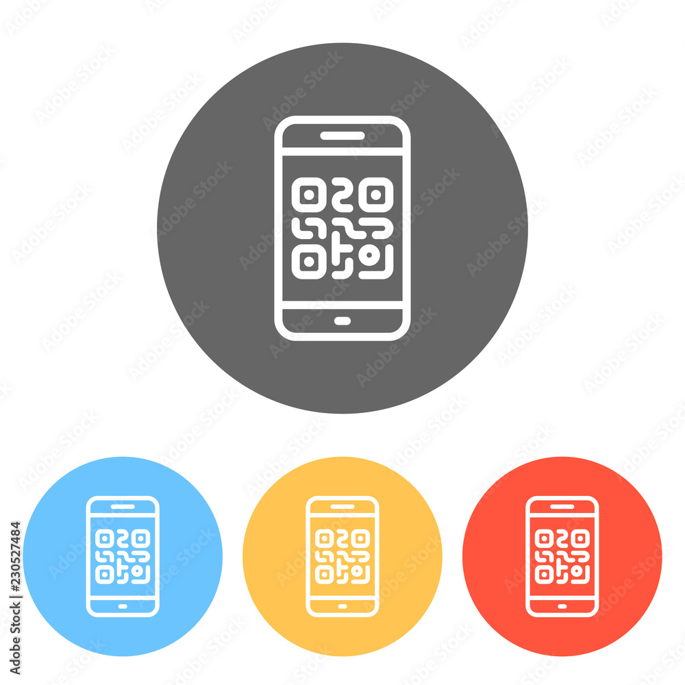 Poster qr code. scanning with cell phone. technology outline icon. set of white icons on colored circles