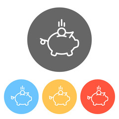 Piggy bank, dollar coin. Business icon. Set of white icons on colored circles