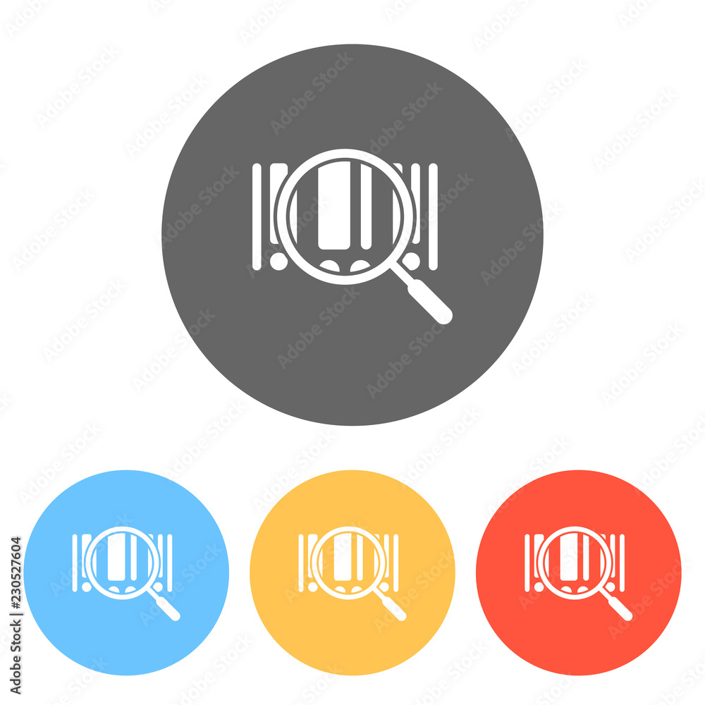 Aufkleber bar code and magnifying glass. simple icon. set of white icons on colored circles