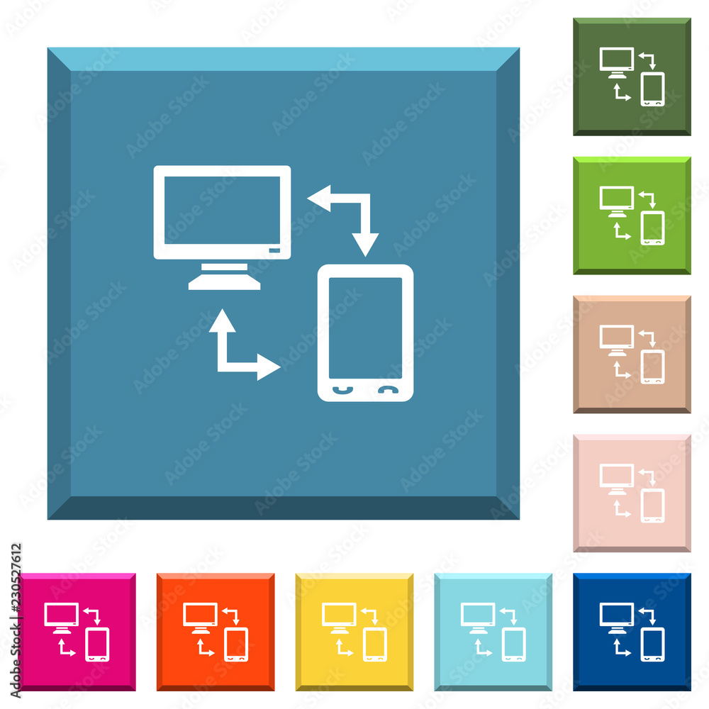 Aufkleber connecting mobile to desktop white icons on edged square buttons