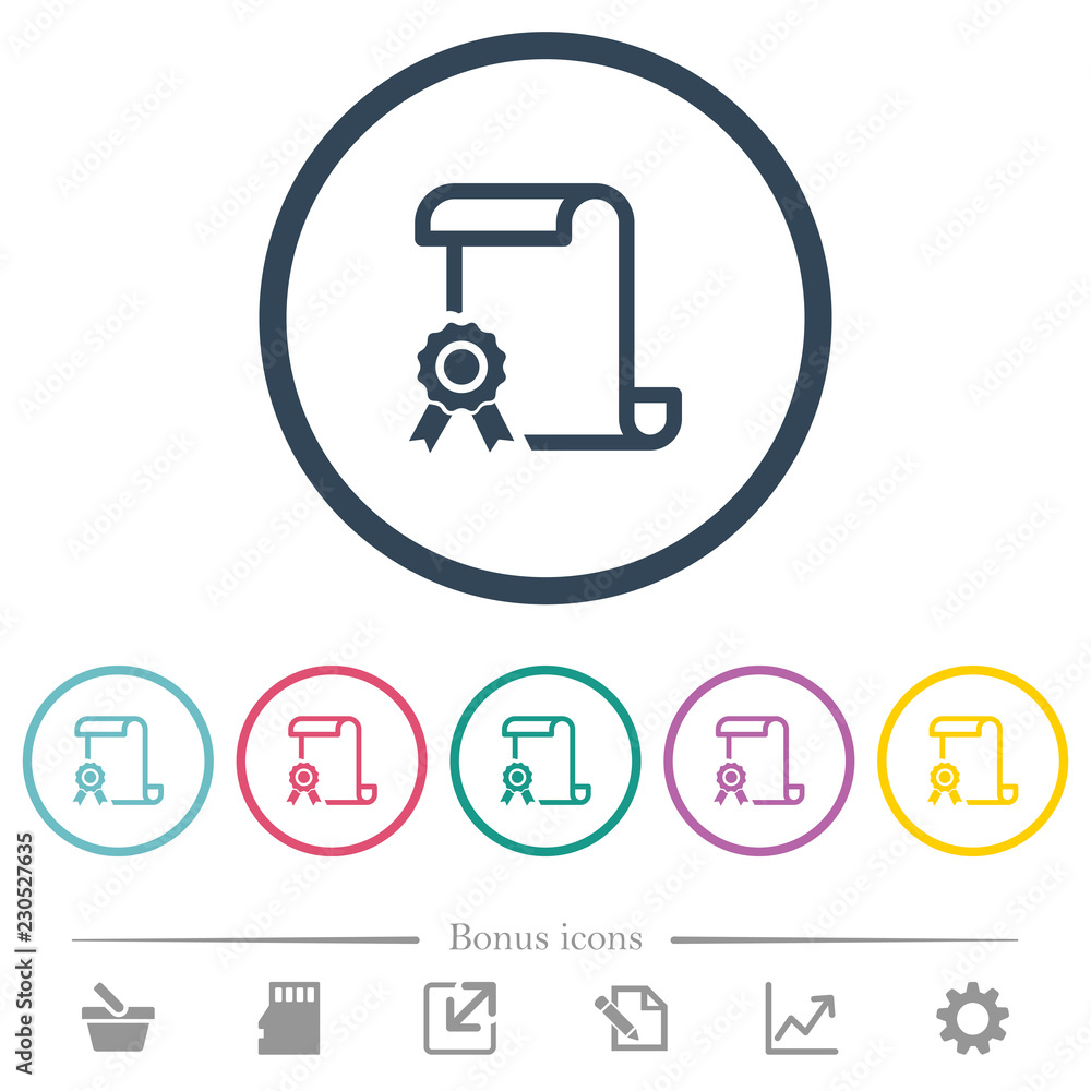 Poster scroll with certificate on left flat color icons in round outlines