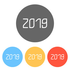 2019 number icon. Happy New Year. Set of white icons on colored circles