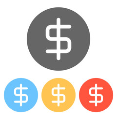 simple dollar symbol. Set of white icons on colored circles