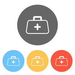 first-aid kit, outline symbol. Set of white icons on colored cir