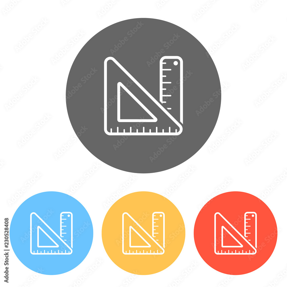 Poster simple ruler and triangle. set of white icons on colored circles