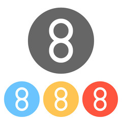 Number eight, numeral, simple letter. Set of white icons on colo