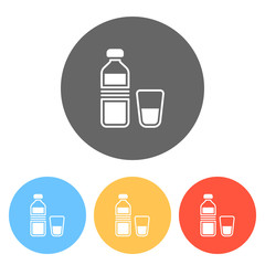 bottle of water and glass cup. simple icon. Set of white icons o