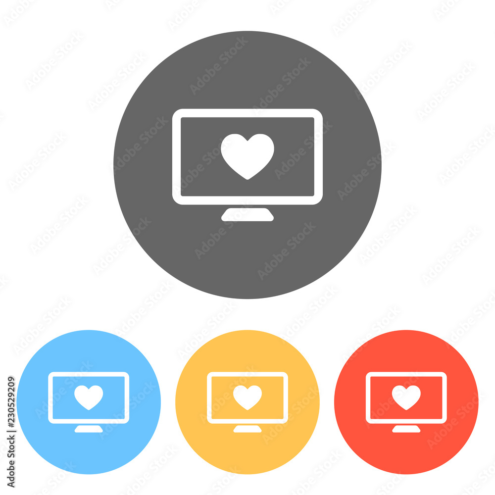 Poster computer and heard. simple icon. set of white icons on colored c