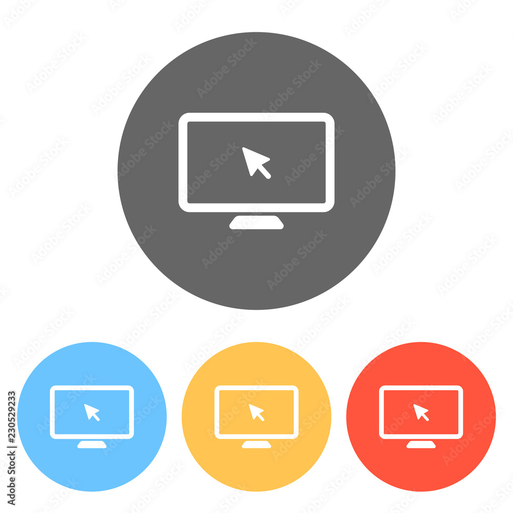 Poster desktop computer and mouse arrow. simple digital icon. set of wh