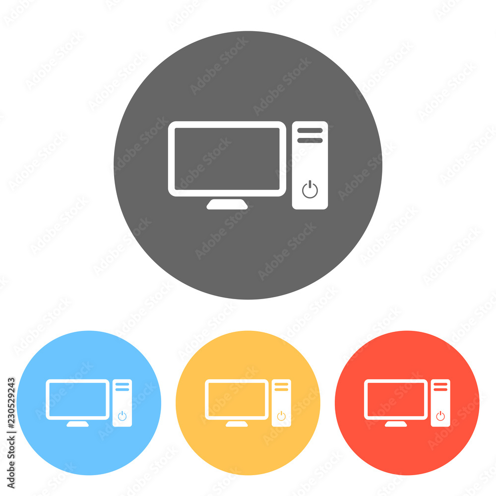 Poster personal computer, pc. system unit and monitor. set of white ico