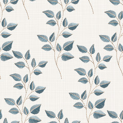 Fototapeta premium Embroidery floral seamless pattern on linen cloth texture