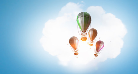 Air balloon in blue sky. Mixed media