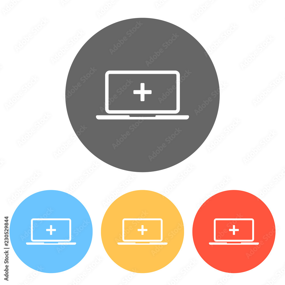 Poster laptop or notebook computer with medical cross on screen. simple