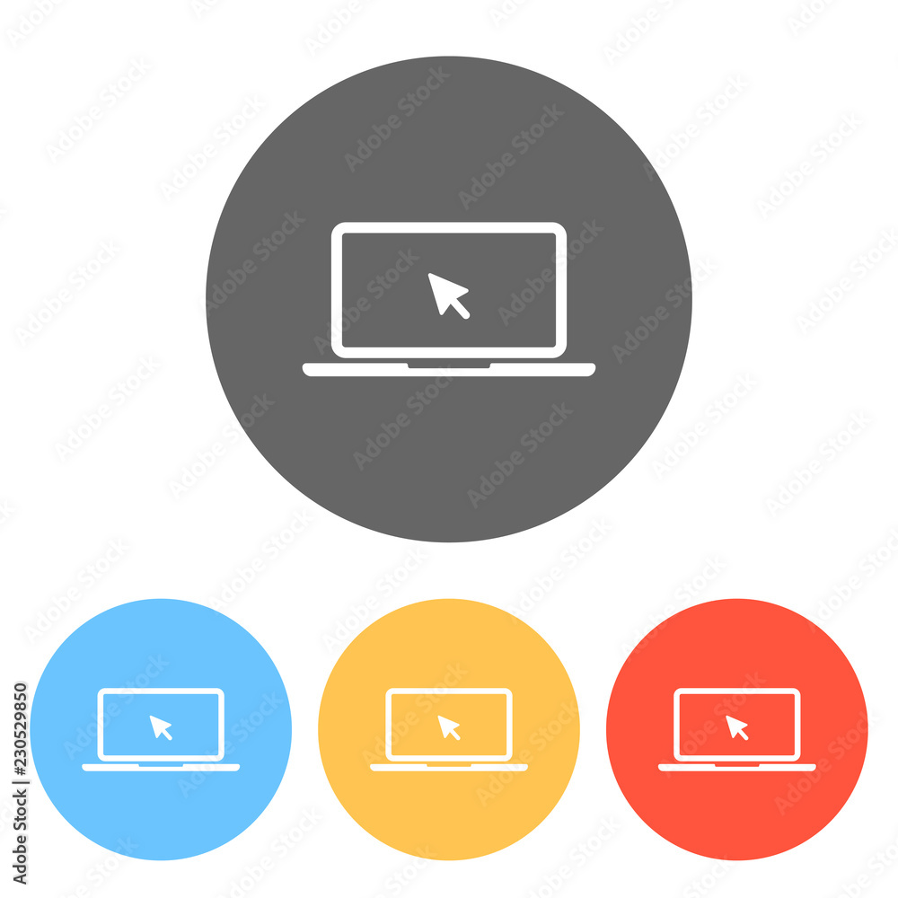 Poster laptop or notebook with arrow on screen. set of white icons on c