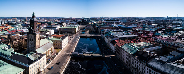 Aerial drone photo - Big Harbour Canal and Christina Church. Gothenburg, Sweden