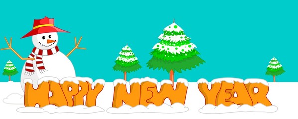 Snowman, trees and happy new year illustration under the snow