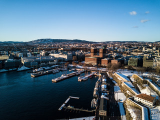 Obraz premium Aerial drone photo - Sunset over Oslo, Norway