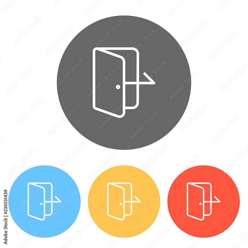 Aufkleber exit icon. linear, thin outline. set of white icons on colored c