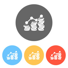 Coins stack, finance grow. Set of white icons on colored circles