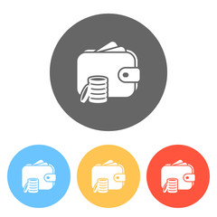 Wallet and coins, Purse with money. Set of white icons on colore