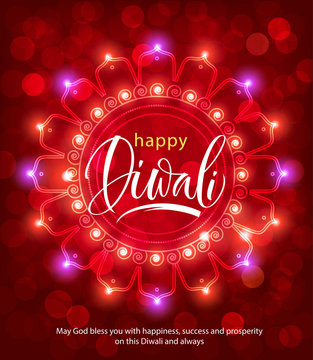 Happy Diwali background with luminous rangoli and greeting. Vector illustration. 