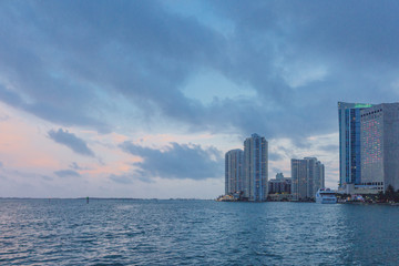 Biscayne Bay and skyscrapers at sunset, in Miami, Florida, USA
