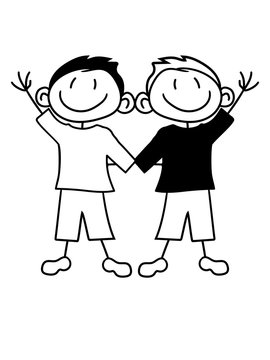 team 2 freunde paar br&uuml;der geschwister begr&uuml;&szlig;en winken familie gemalt kind kritzel comic cartoon junge mann cool clipart gl&uuml;cklich lustig frech bruder design