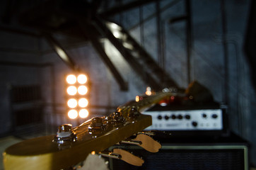 Red bass guitar close-up. Music instruments. Macro.