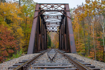 Railway bridge into the fall trees