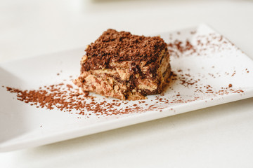Biscuit and chocolate cake on white background with room for text.