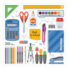 Office supply vector stationery school tools icons and accessories of education assortment pencil marker pen calculator illustration set isolated on white background