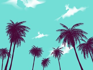 Row of tropic palm trees against sunset sky. Silhouette of tall palm trees. Tropic evening landscape. Gradient color. Vector illustration. EPS 10 - obrazy, fototapety, plakaty