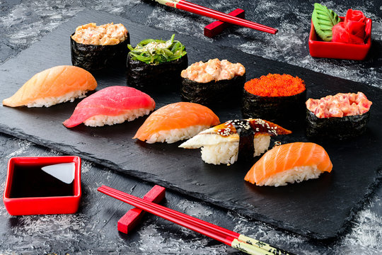 Japanese sushi on a rustic dark background