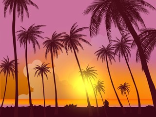 Naklejka na ściany i meble Row of tropic palm trees against sunset sky. Silhouette of tall palm trees. Tropic evening landscape. Gradient color. Vector illustration. EPS 10
