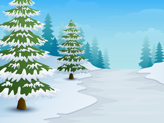 Cartoon of Winter landscape with snowy ground and fir trees